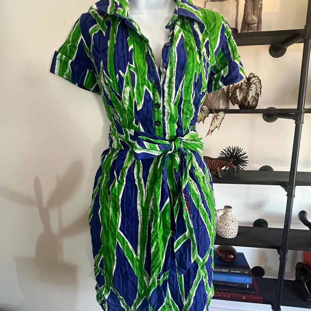 Lilly Pulitzer Green and Blue Wrap Dress with Notched Collar